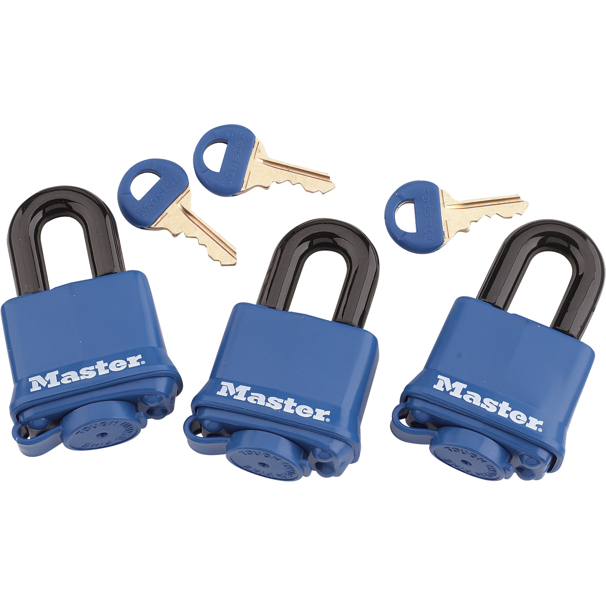 Master Lock 3-Pk. 1 9/16in. Covered Laminated Steel Padlocks, Model# 312TRI